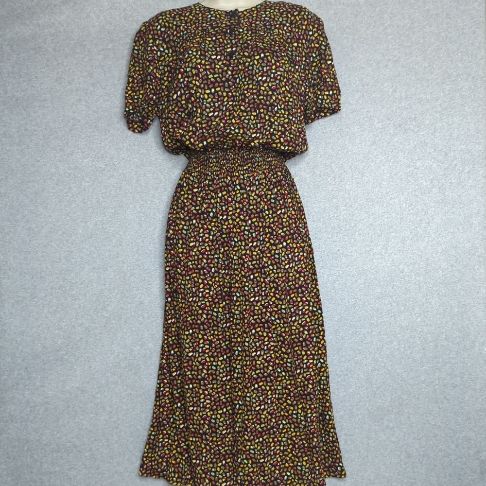 Virgo II Vintage 80s Midi Dress Size‎ 10 Multicolor Rayon Smocked Waist Retro
